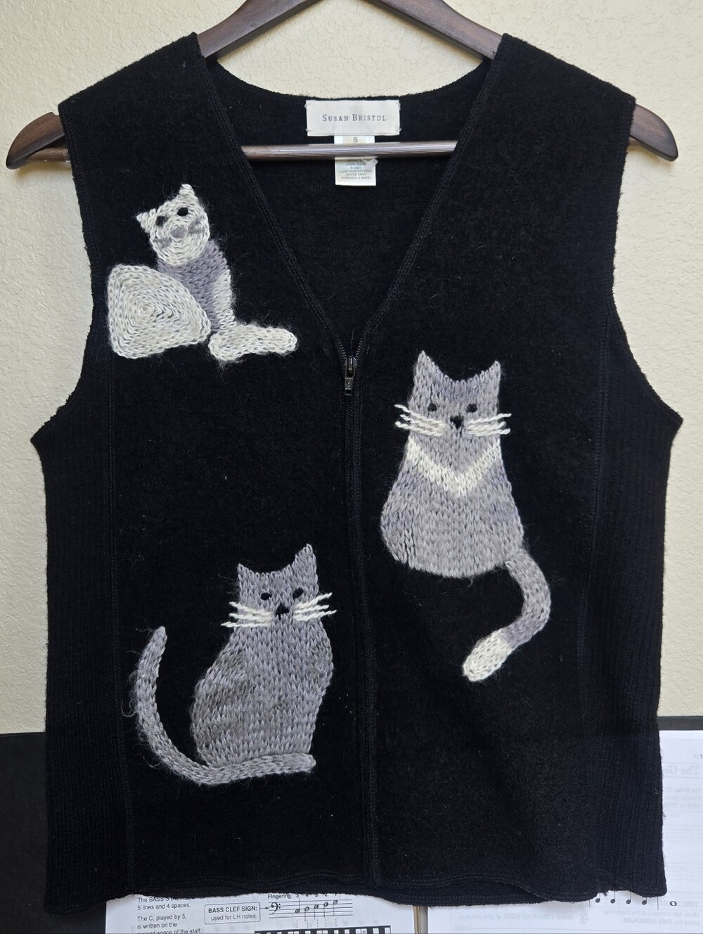 Vintage Susan Bristol Wool Cat Zip-Up Vest S